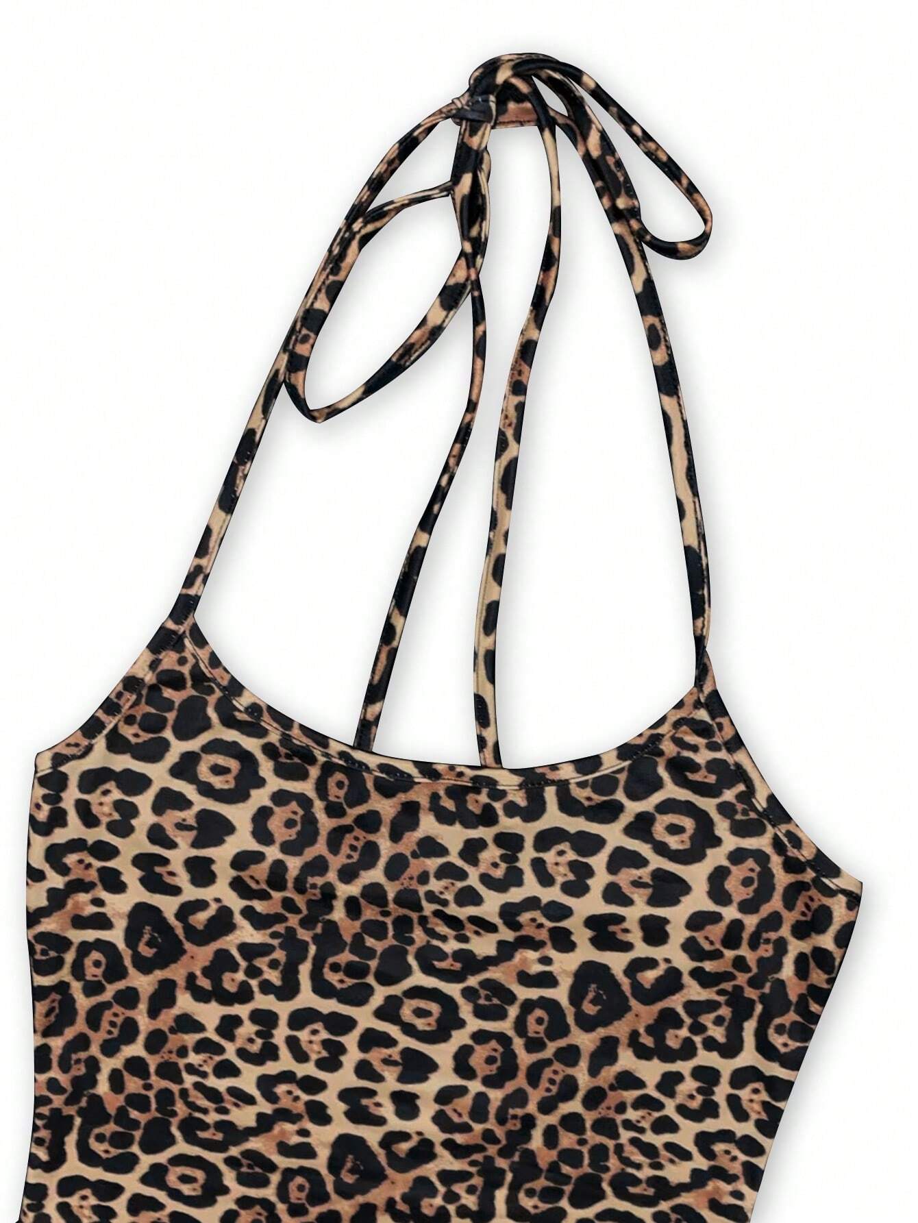 Sweetra Women's Leopard Print Mermaid Hem Fitted Elegant Halter Neck