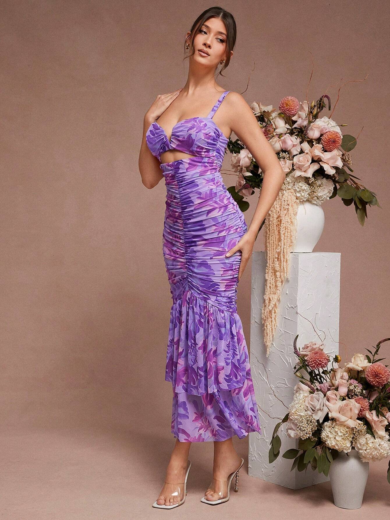 L'Amorae Floral Ruched Purple Mermaid Hem With Cutout Details Dress,