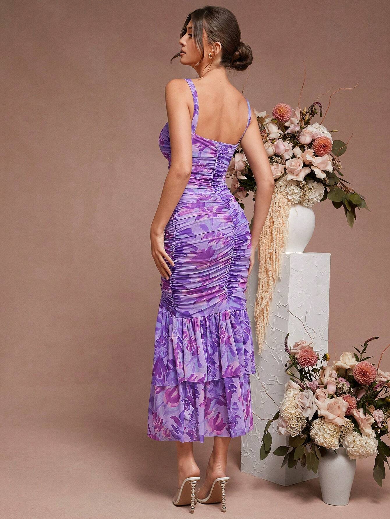 L'Amorae Floral Ruched Purple Mermaid Hem With Cutout Details Dress,