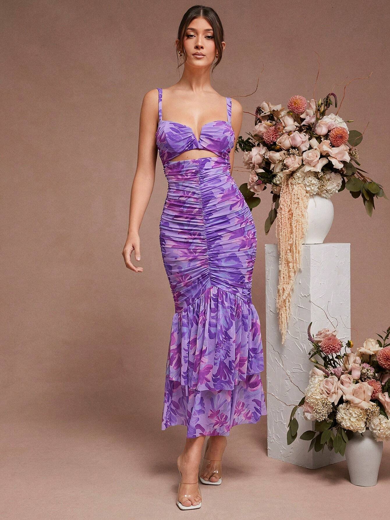 L'Amorae Floral Ruched Purple Mermaid Hem With Cutout Details Dress,