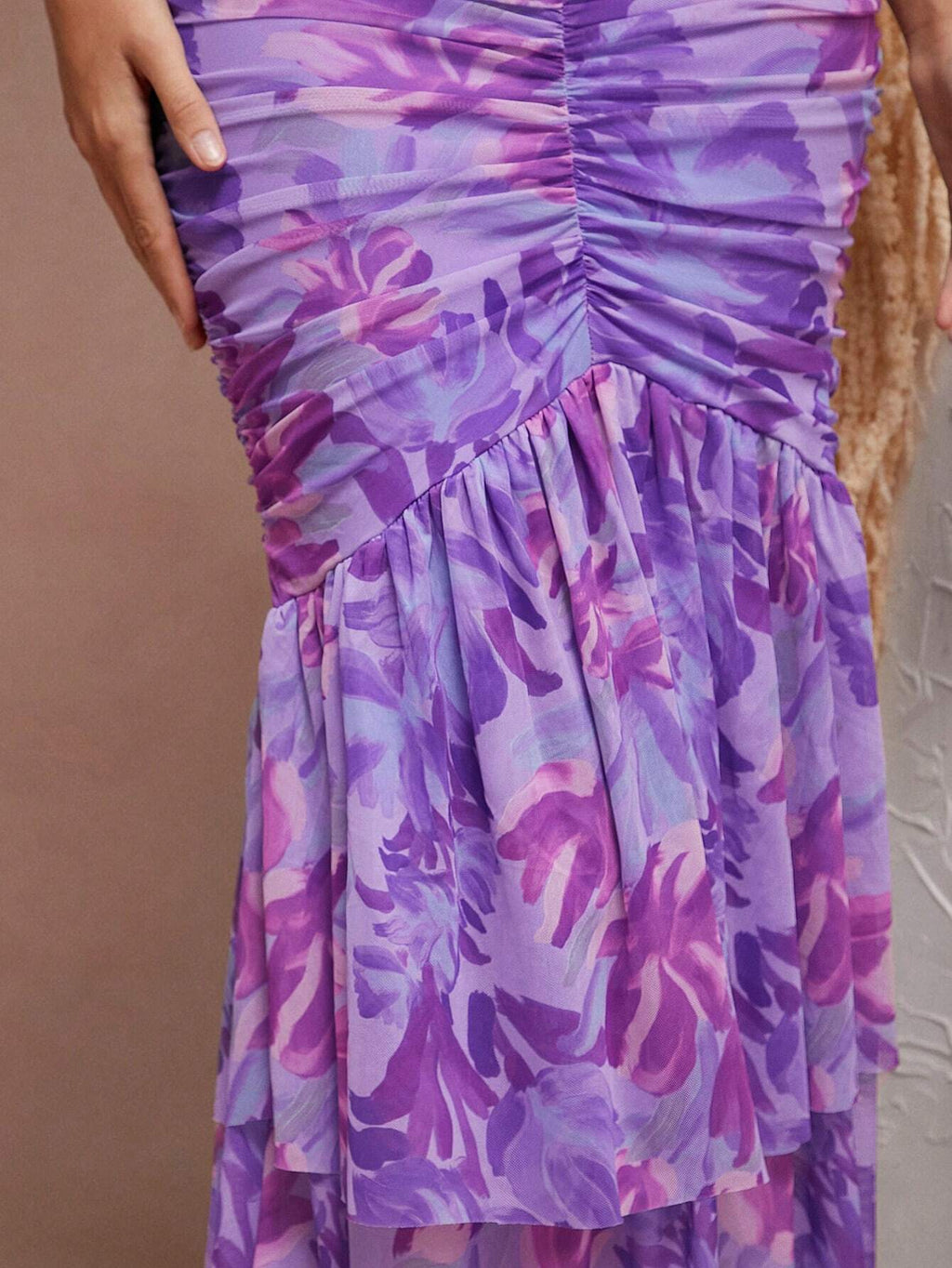 L'Amorae Floral Ruched Purple Mermaid Hem With Cutout Details Dress,
