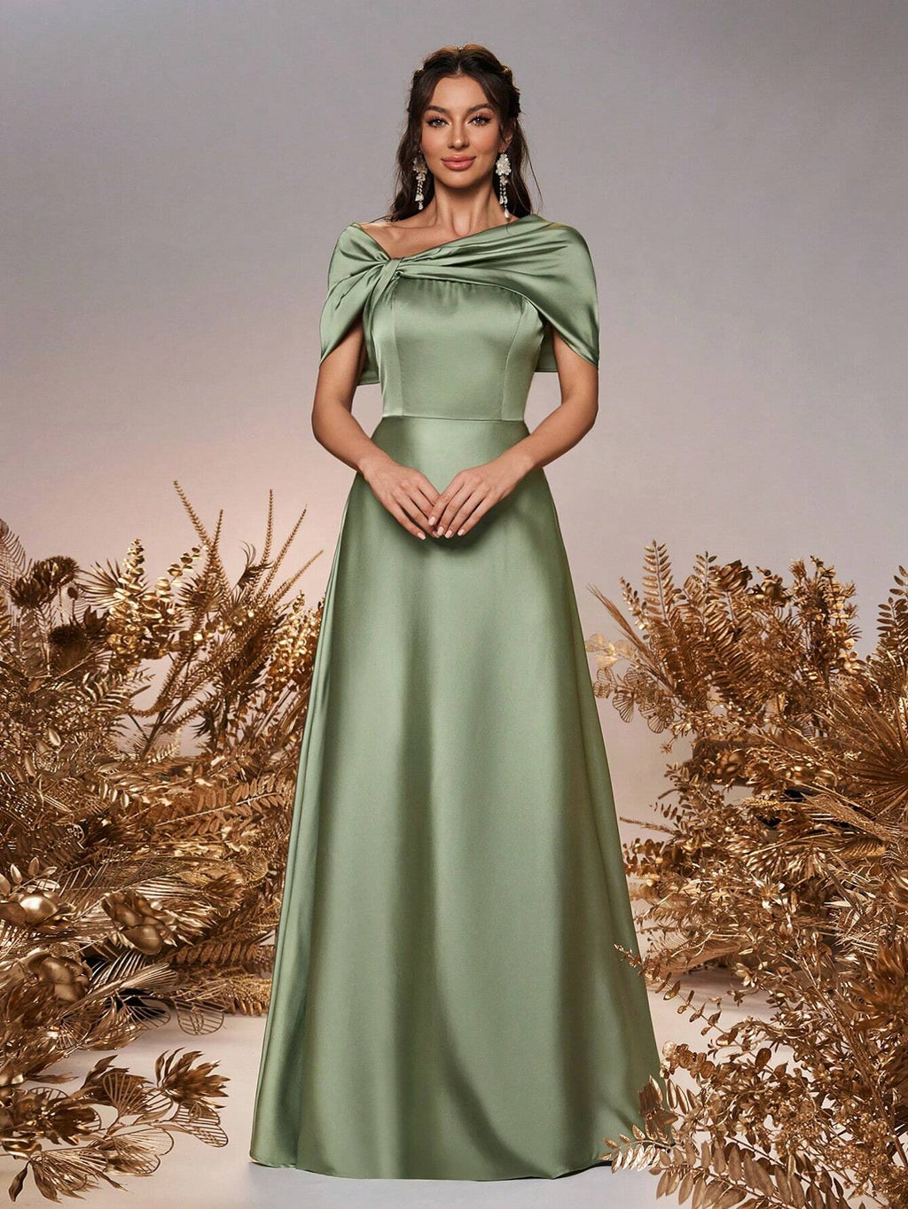Belle Elegant And Romantic Green Satin Asymmetrical Neck Twisted Asymmetric Shawl Bow A-Line Hem Dress - image 3