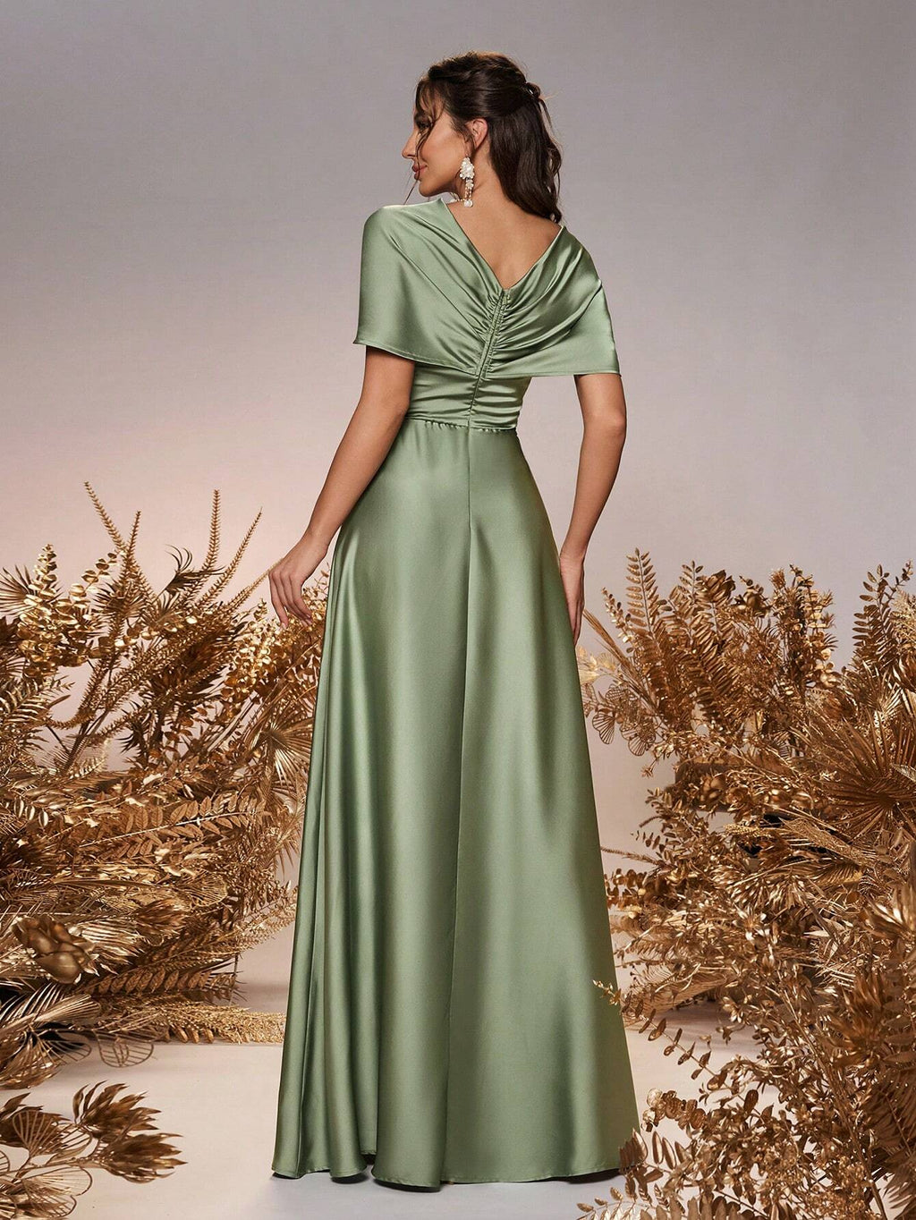 Belle Elegant And Romantic Green Satin Asymmetrical Neck Twisted Asymmetric Shawl Bow A-Line Hem Dress - image 2