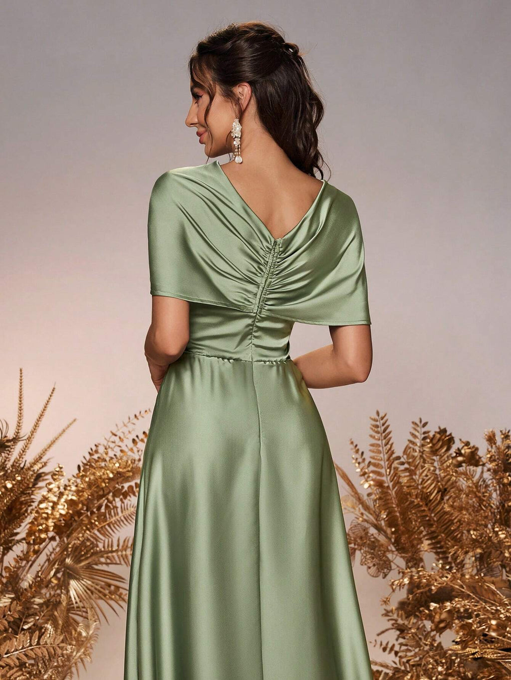 Belle Elegant And Romantic Green Satin Asymmetrical Neck Twisted Asymmetric Shawl Bow A-Line Hem Dress - image 4