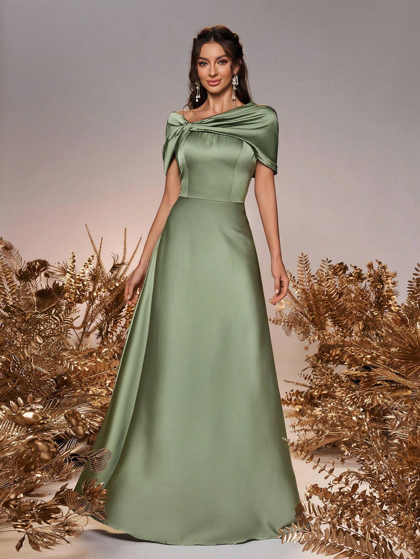 Belle Elegant And Romantic Green Satin Asymmetrical Neck Twisted Asymmetric Shawl Bow A-Line Hem Dress - image 5