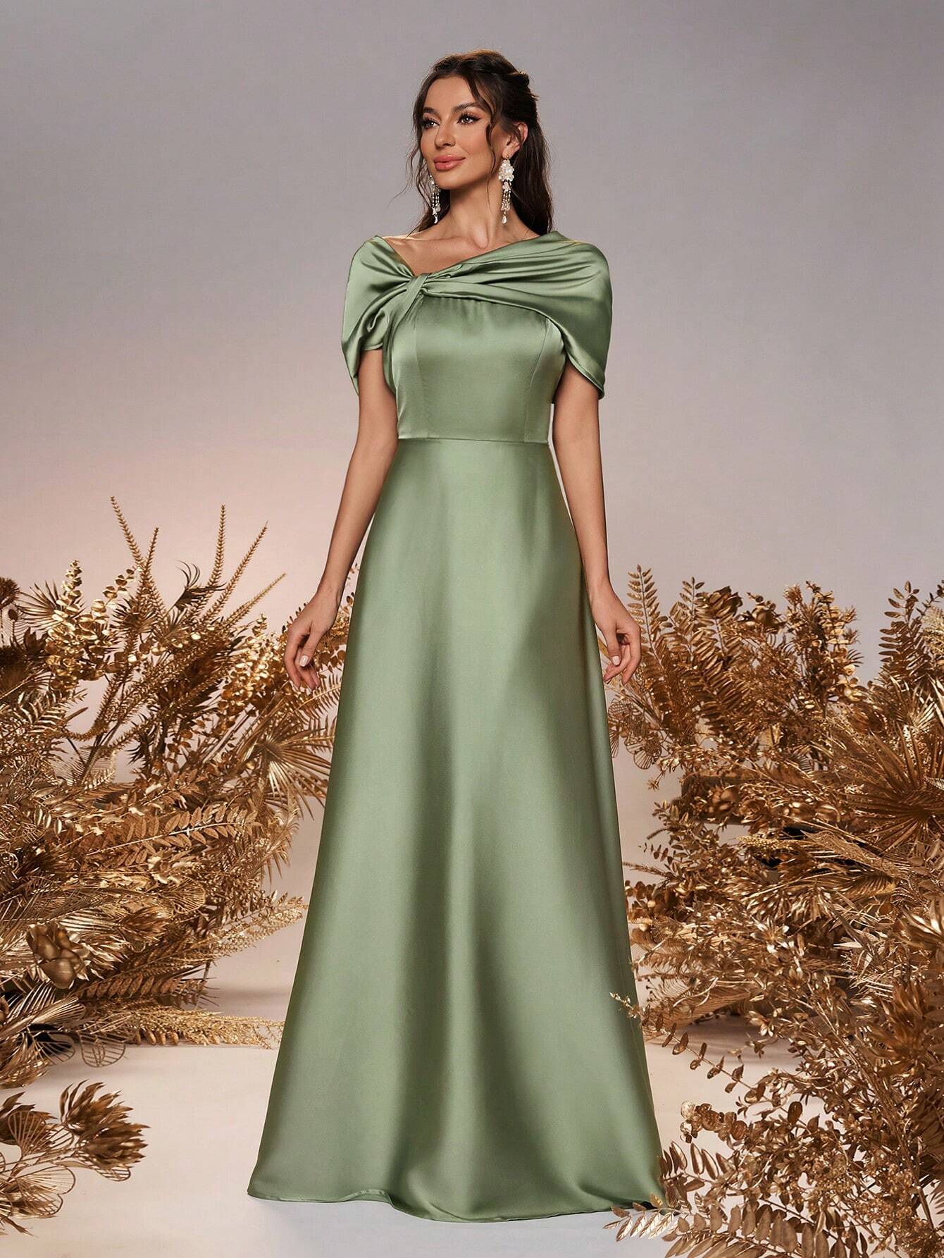 Belle Elegant And Romantic Green Satin Asymmetrical Neck Twisted Asymmetric Shawl Bow A-Line Hem Dress - image 6