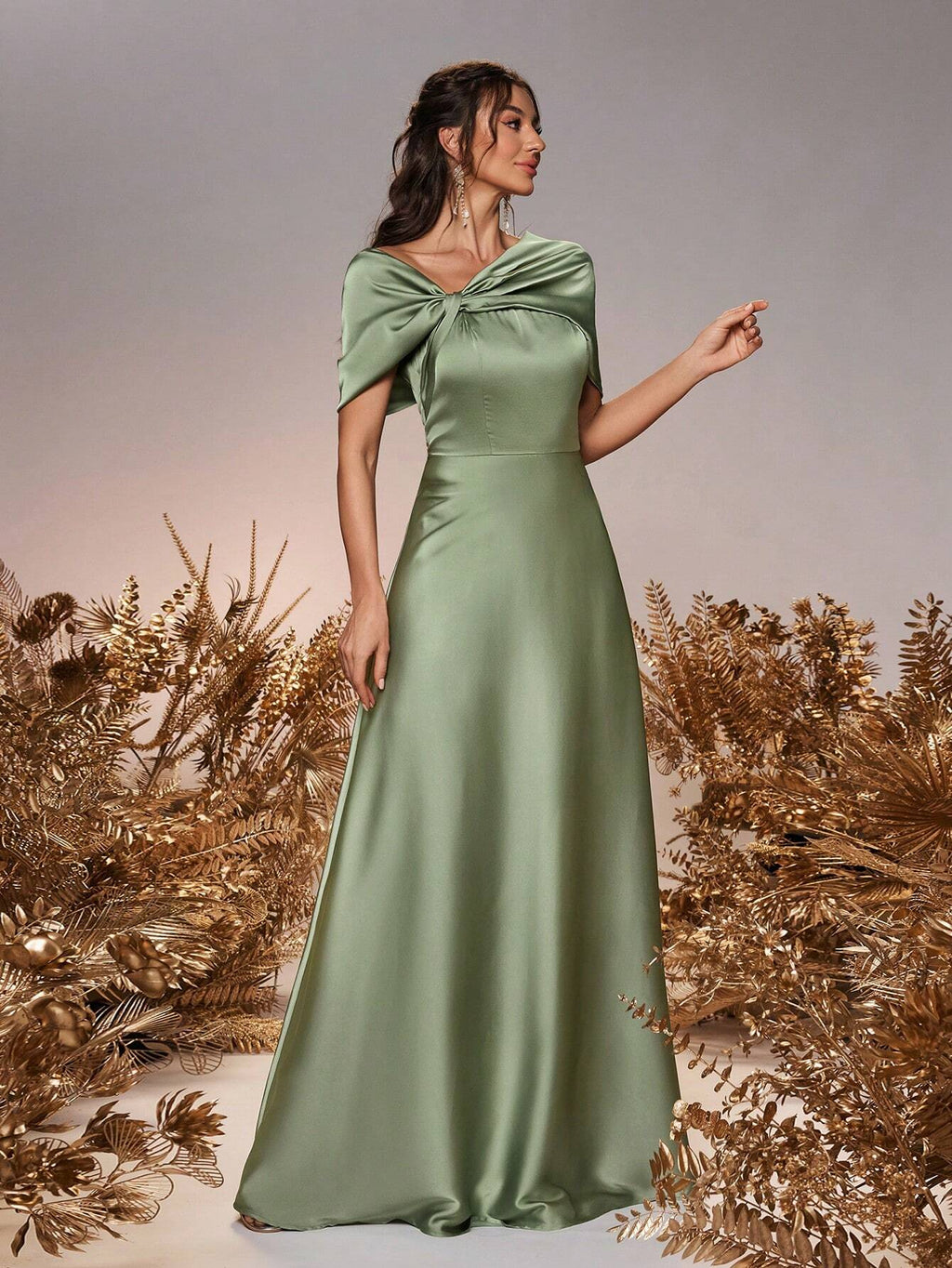 Belle Elegant And Romantic Green Satin Asymmetrical Neck Twisted Asymmetric Shawl Bow A-Line Hem Dress - image 7
