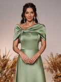 Belle Elegant And Romantic Green Satin Asymmetrical Neck Twisted Asymmetric Shawl Bow A-Line Hem Dress