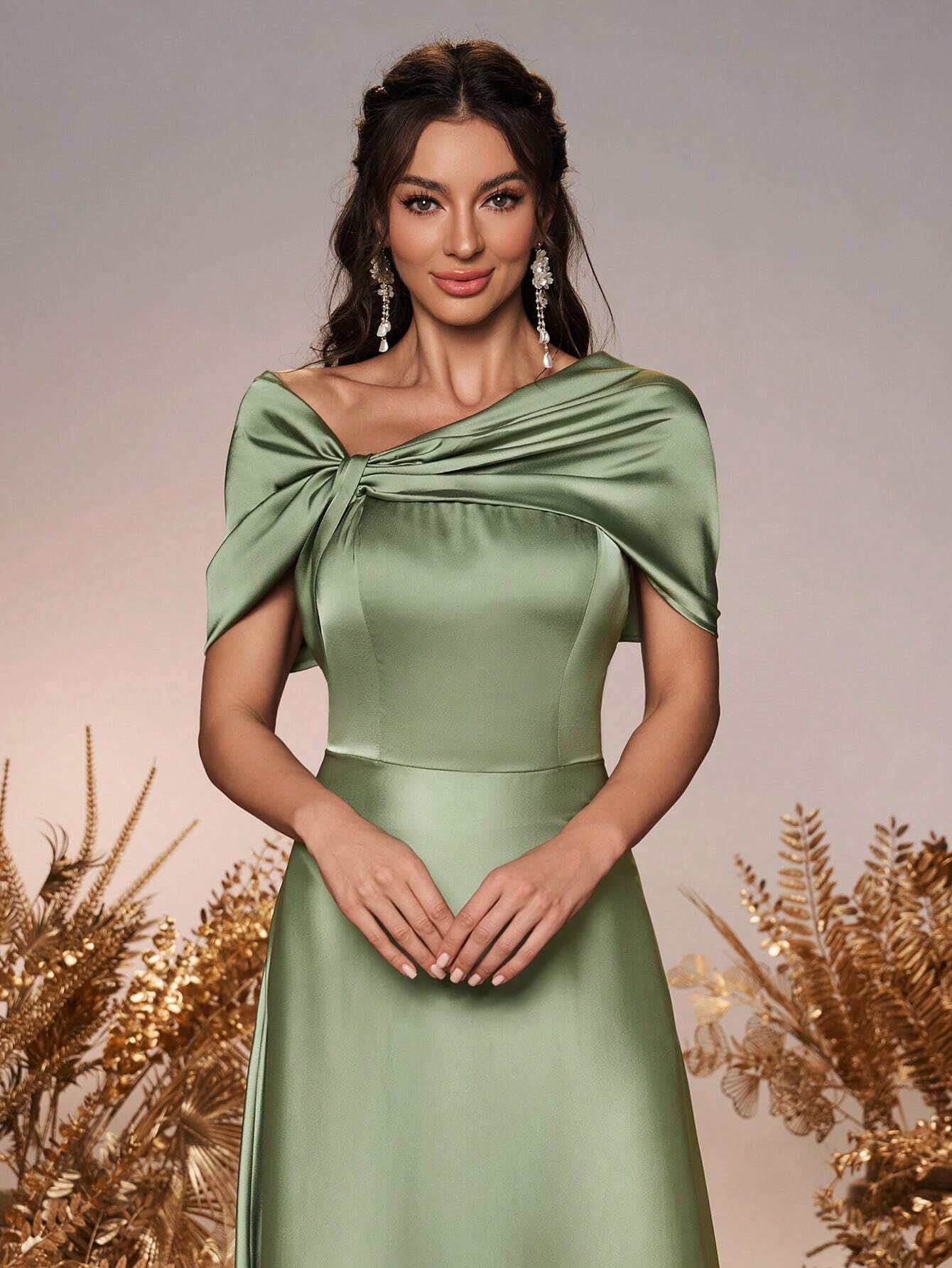 Belle Elegant And Romantic Green Satin Asymmetrical Neck Twisted Asymmetric Shawl Bow A-Line Hem Dress