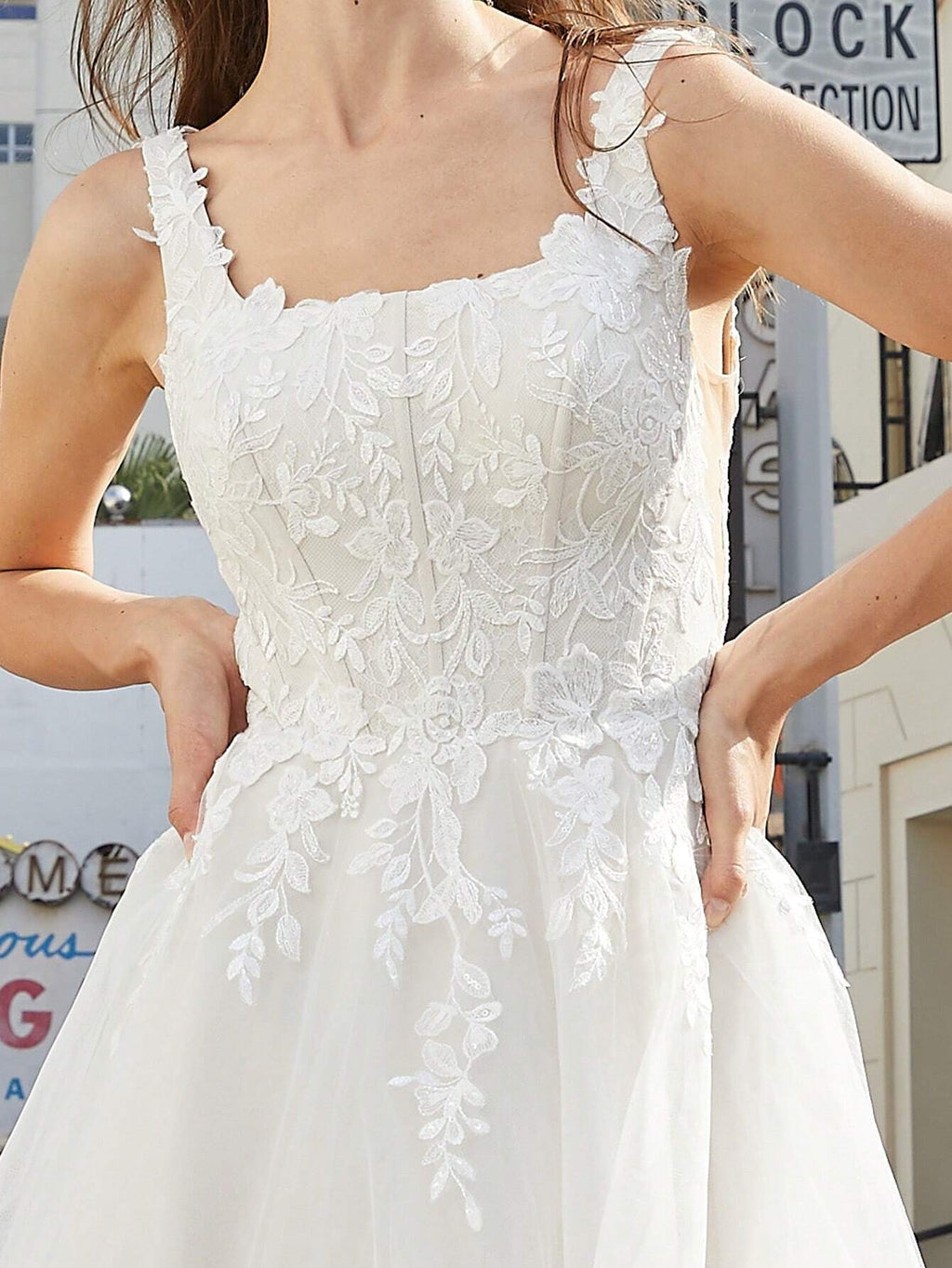 Elegant Ivory Mesh Appliqued Wedding Dress With Square Neck And Sleeveless Design, Perfect Romantic Bridal - image 9