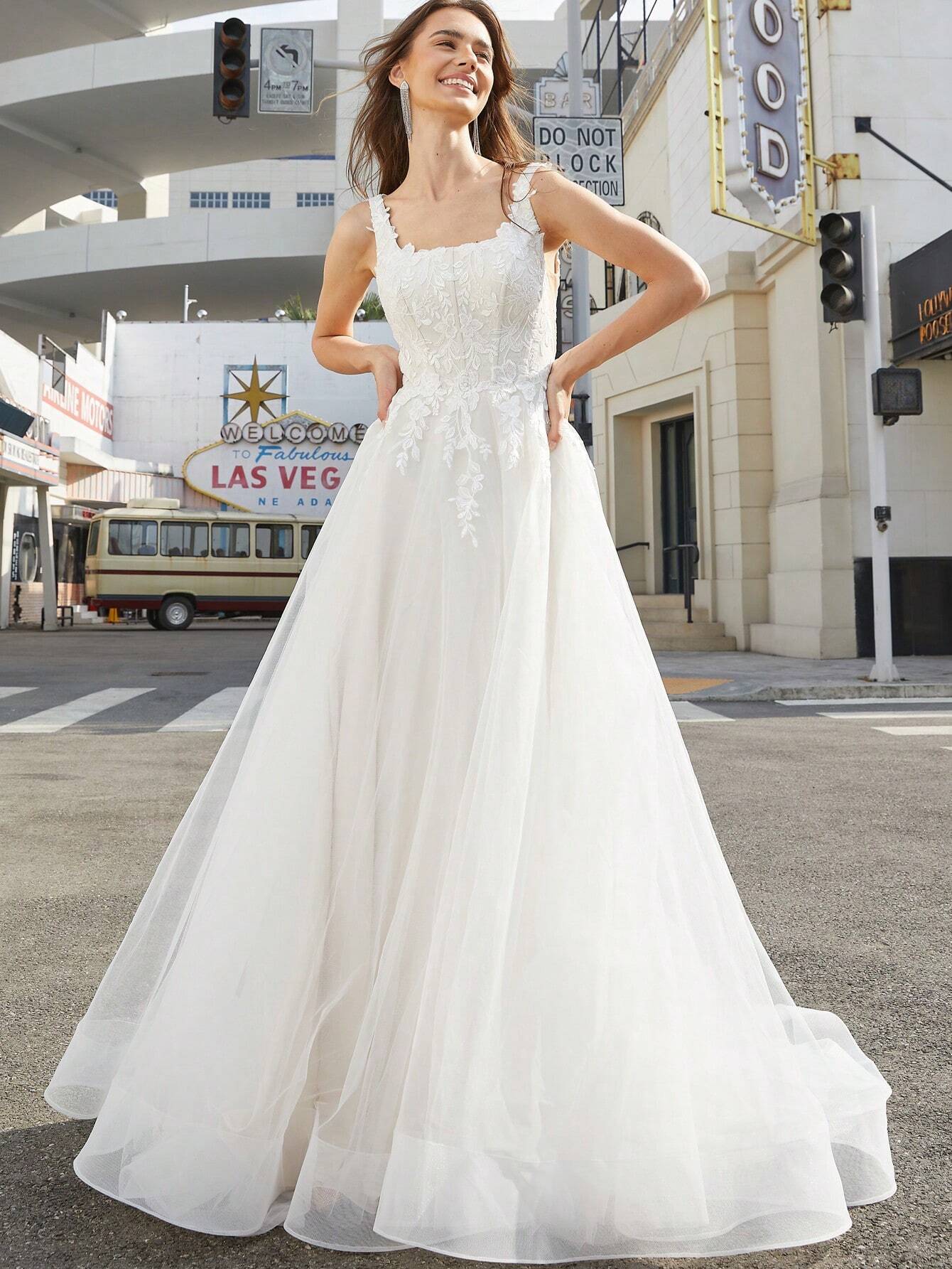 Elegant Ivory Mesh Appliqued Wedding Dress With Square Neck And Sleeveless Design, Perfect Romantic Bridal