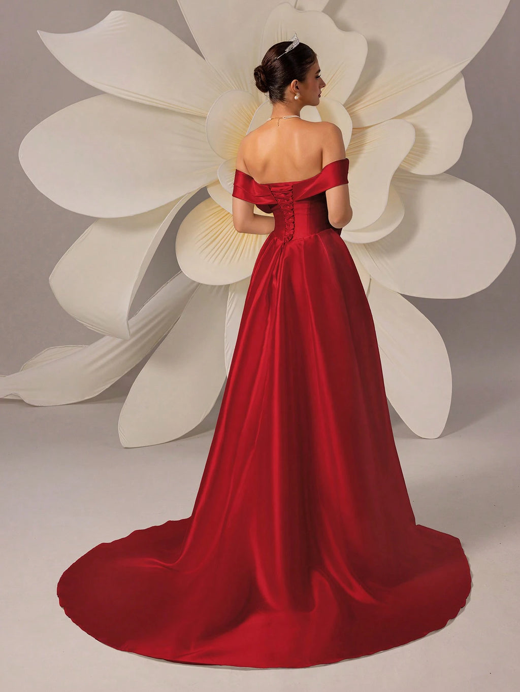 HEARBOBO Fashion Satin Off-Shoulder High Waist A-Line Evening Gown/Wedding Dress White Elegant - image 11