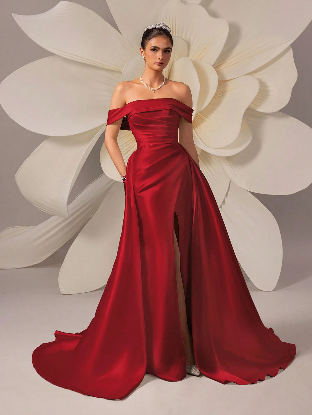 HEARBOBO Fashion Satin Off-Shoulder High Waist A-Line Evening Gown/Wedding Dress White Elegant - image 13