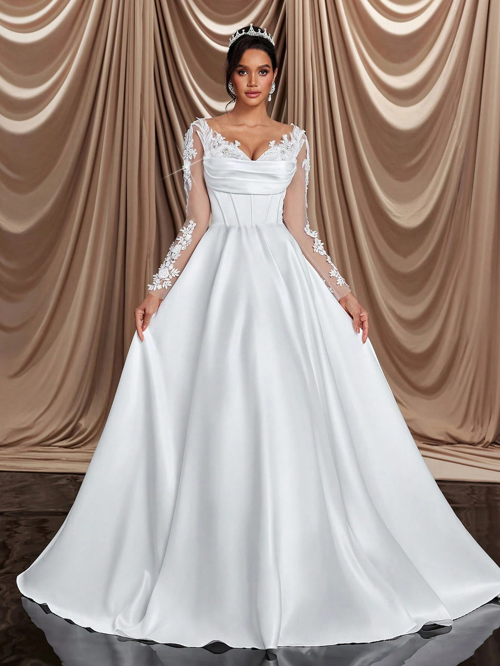 Glamrae Elegant White Winter Formal Party Wedding Bridal Wedding Dresses,Long Sleeve Crystal Faux Pearl