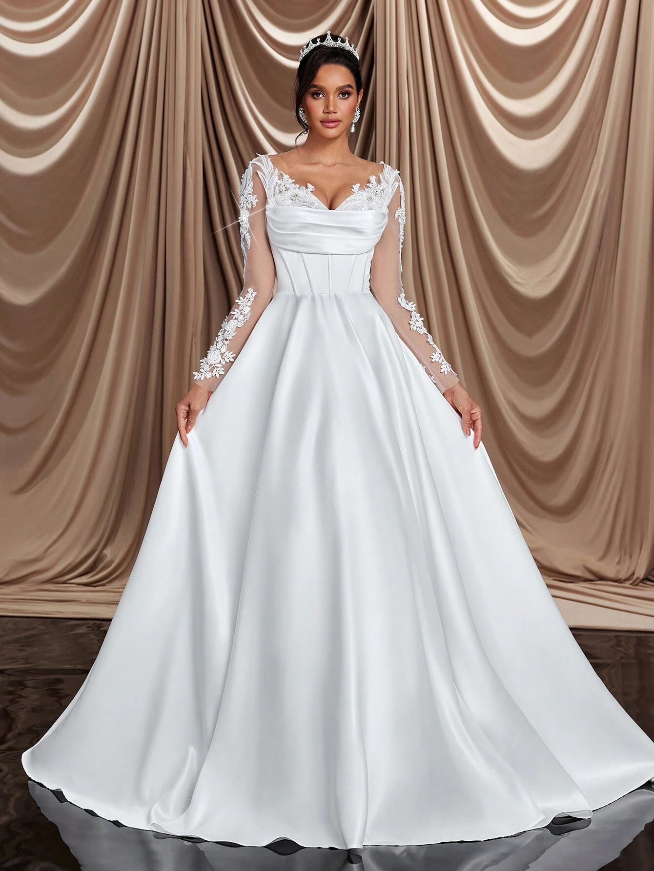 Glamrae Elegant White Winter Formal Party Wedding Bridal Wedding Dresses,Long Sleeve Crystal Faux Pearl