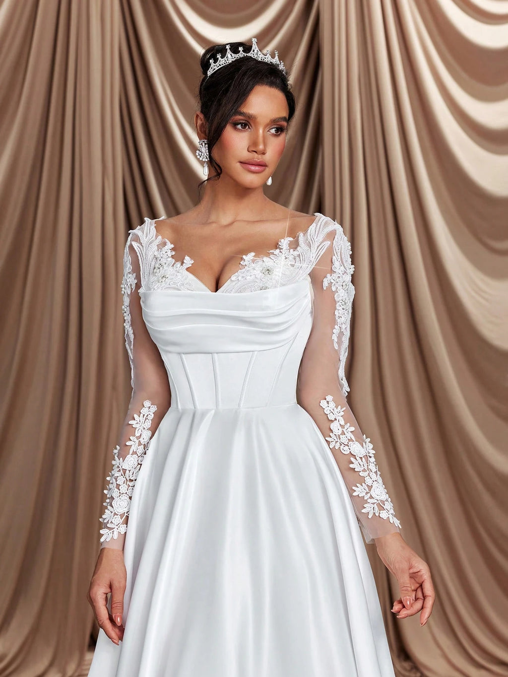 Glamrae Elegant White Winter Formal Party Wedding Bridal Wedding Dresses,Long Sleeve Crystal Faux Pearl - image 2