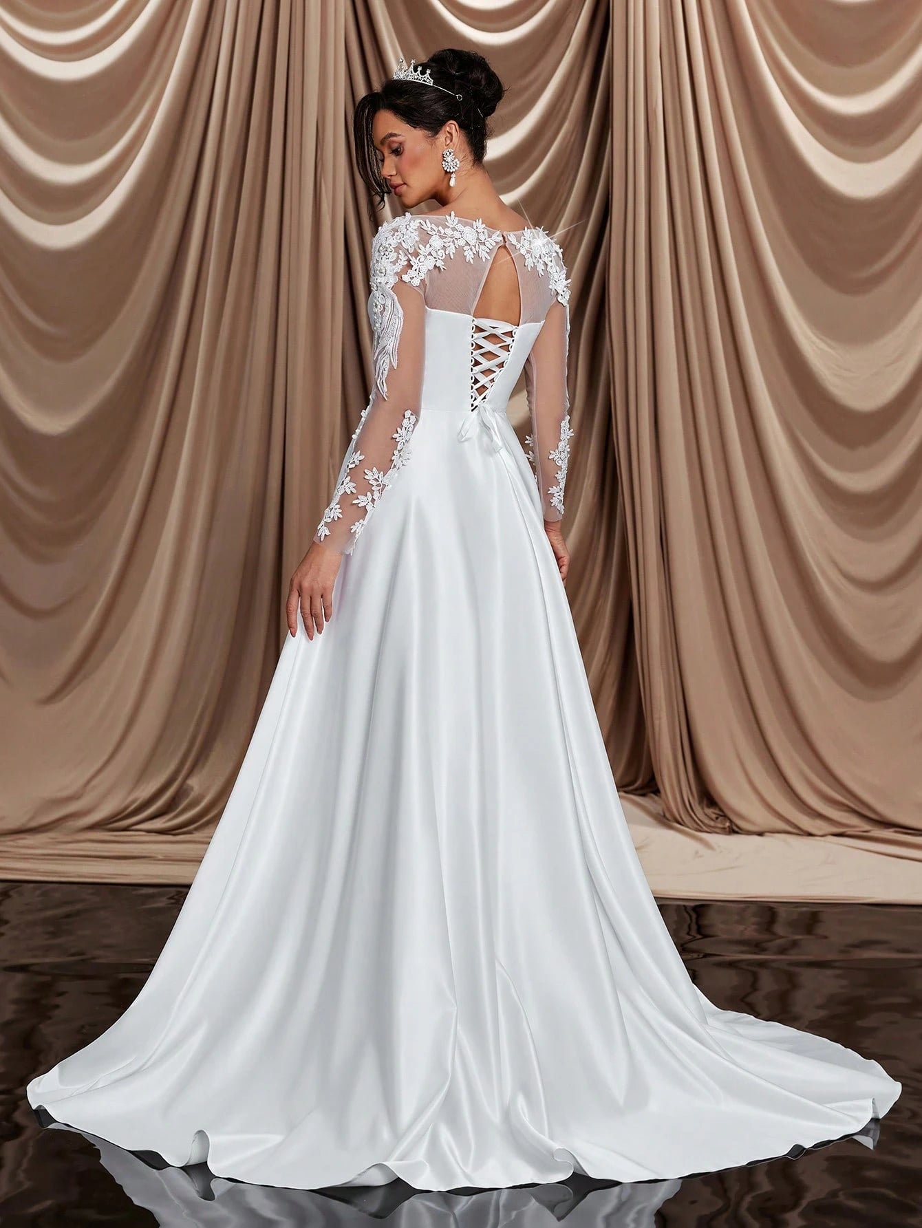 Glamrae Elegant White Winter Formal Party Wedding Bridal Wedding Dresses,Long Sleeve Crystal Faux Pearl - image 3