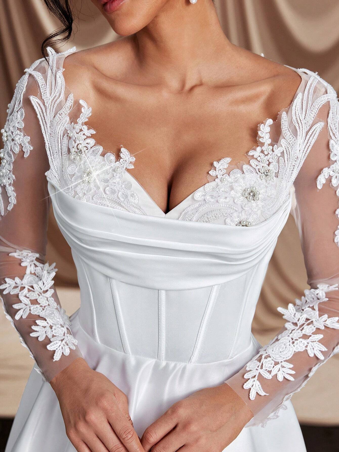 Glamrae Elegant White Winter Formal Party Wedding Bridal Wedding Dresses,Long Sleeve Crystal Faux Pearl - image 4