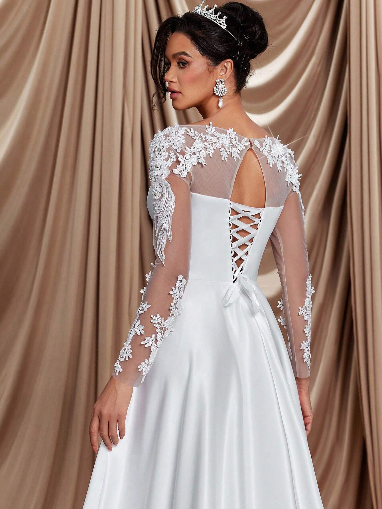 Glamrae Elegant White Winter Formal Party Wedding Bridal Wedding Dresses,Long Sleeve Crystal Faux Pearl - image 5