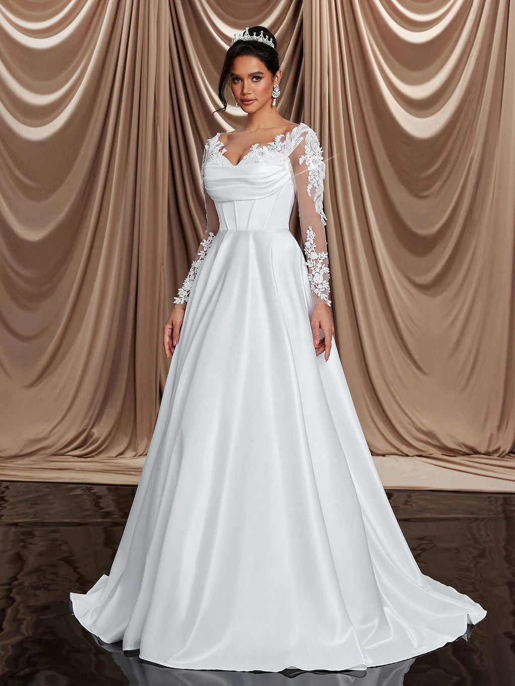 Glamrae Elegant White Winter Formal Party Wedding Bridal Wedding Dresses,Long Sleeve Crystal Faux Pearl - image 6