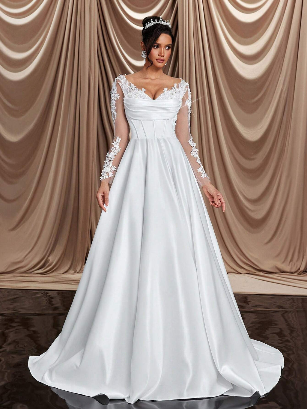Glamrae Elegant White Winter Formal Party Wedding Bridal Wedding Dresses,Long Sleeve Crystal Faux Pearl - image 7