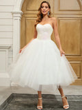 YUMIBRAVO Ballet Style Sequin Contrast Mesh Strapless Wedding Gown, Party Dress, Bride Spring Elegant White
