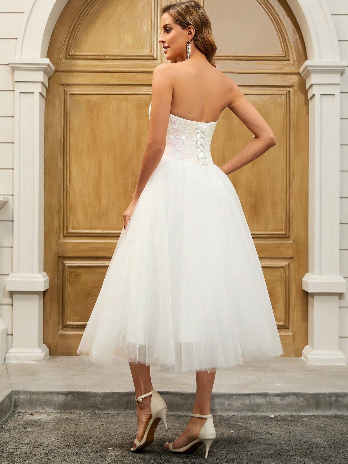YUMIBRAVO Ballet Style Sequin Contrast Mesh Strapless Wedding Gown, Party Dress, Bride Spring Elegant White - image 6
