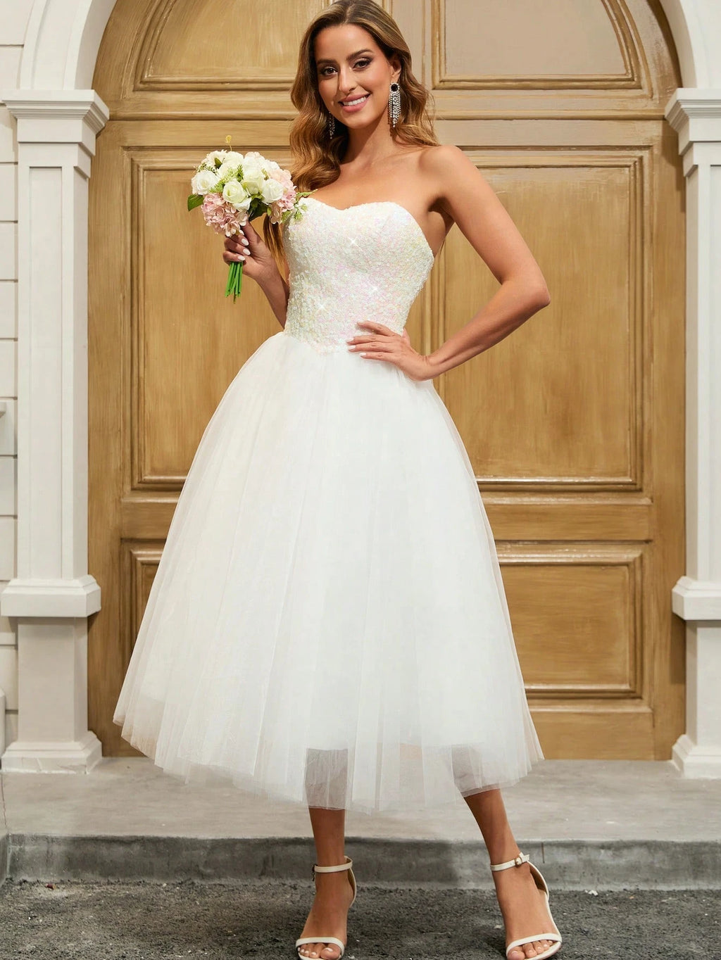 YUMIBRAVO Ballet Style Sequin Contrast Mesh Strapless Wedding Gown, Party Dress, Bride Spring Elegant White - image 5