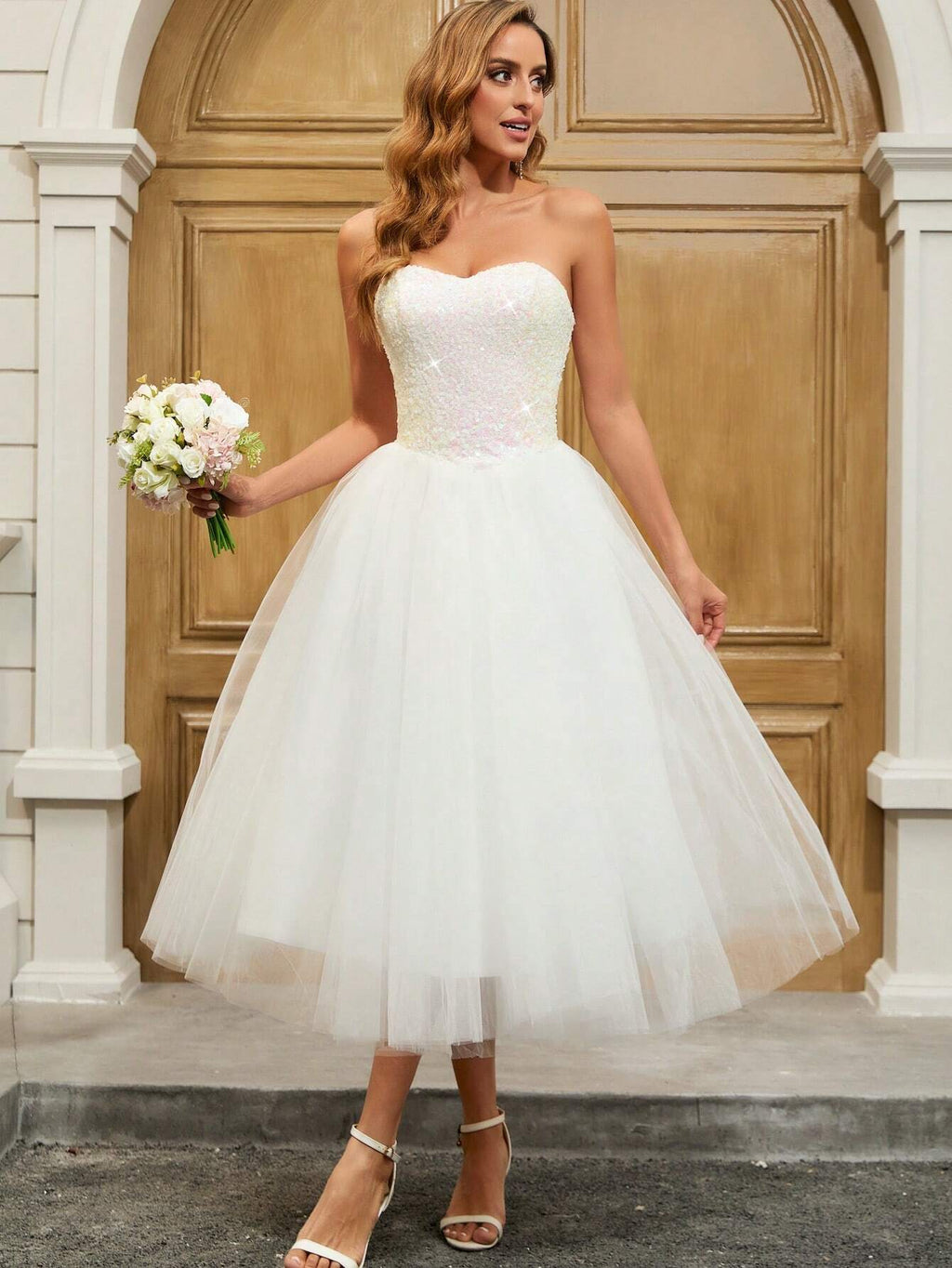 YUMIBRAVO Ballet Style Sequin Contrast Mesh Strapless Wedding Gown, Party Dress, Bride Spring Elegant White - image 4