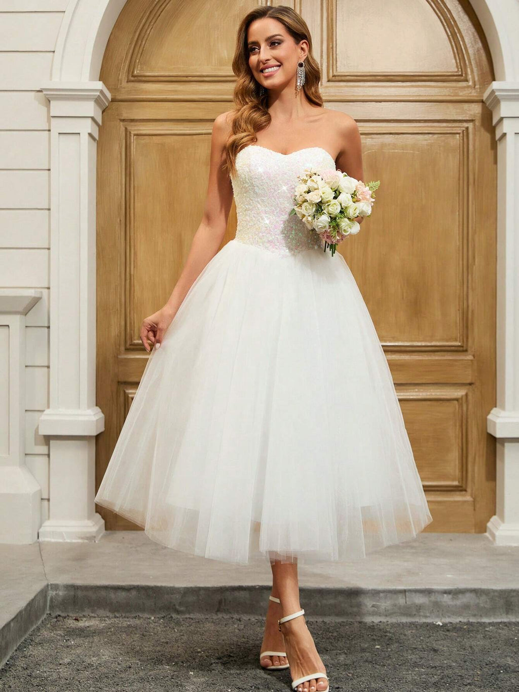 YUMIBRAVO Ballet Style Sequin Contrast Mesh Strapless Wedding Gown, Party Dress, Bride Spring Elegant White - image 3