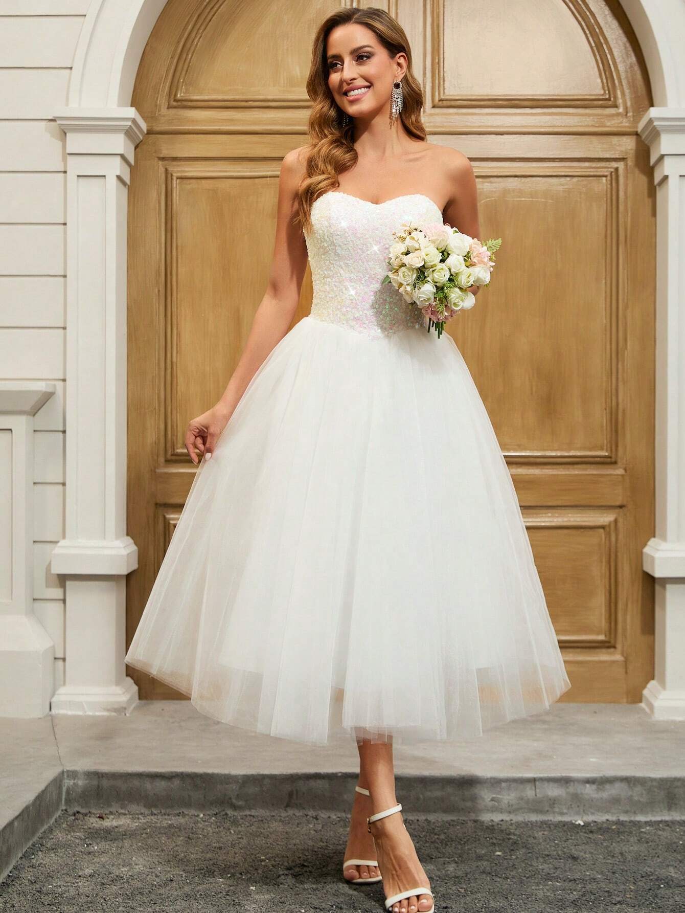 YUMIBRAVO Ballet Style Sequin Contrast Mesh Strapless Wedding Gown, Party Dress, Bride Spring Elegant White - image 3