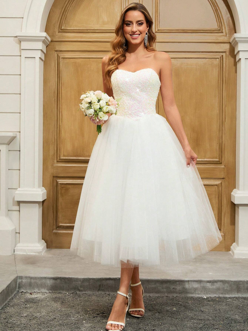 YUMIBRAVO Ballet Style Sequin Contrast Mesh Strapless Wedding Gown, Party Dress, Bride Spring Elegant White - image 2