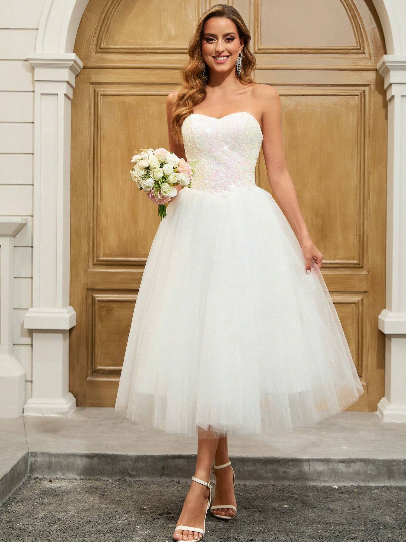 YUMIBRAVO Ballet Style Sequin Contrast Mesh Strapless Wedding Gown, Party Dress, Bride Spring Elegant White - image 2