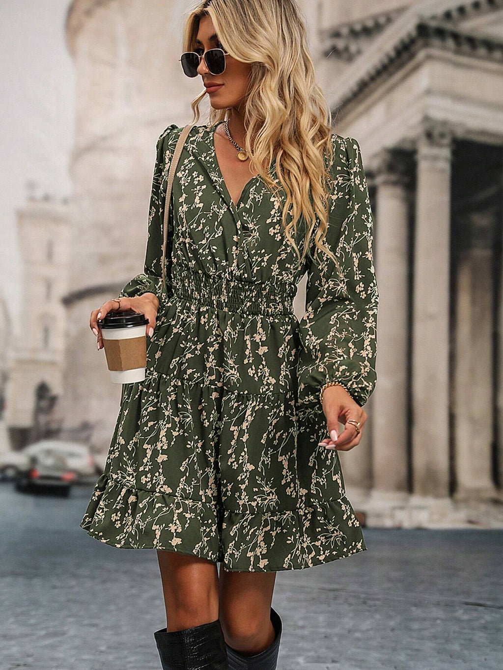 Clasi 1pc Women's Ditsy Floral Lantern Sleeve Ruffle Hem Elegant