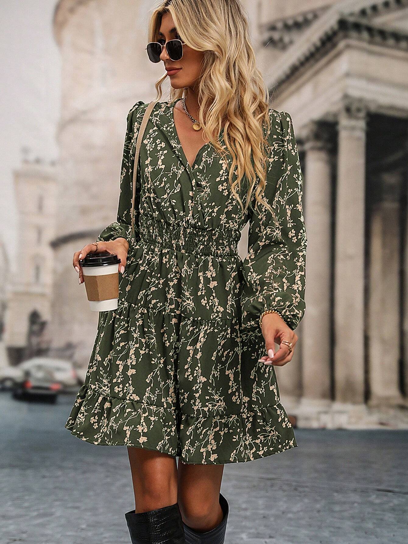 Clasi 1pc Women's Ditsy Floral Lantern Sleeve Ruffle Hem Elegant