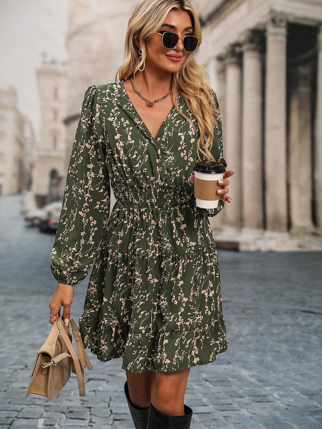 Clasi 1pc Women's Ditsy Floral Lantern Sleeve Ruffle Hem Elegant Dress Fall Cloth For Women - image 4