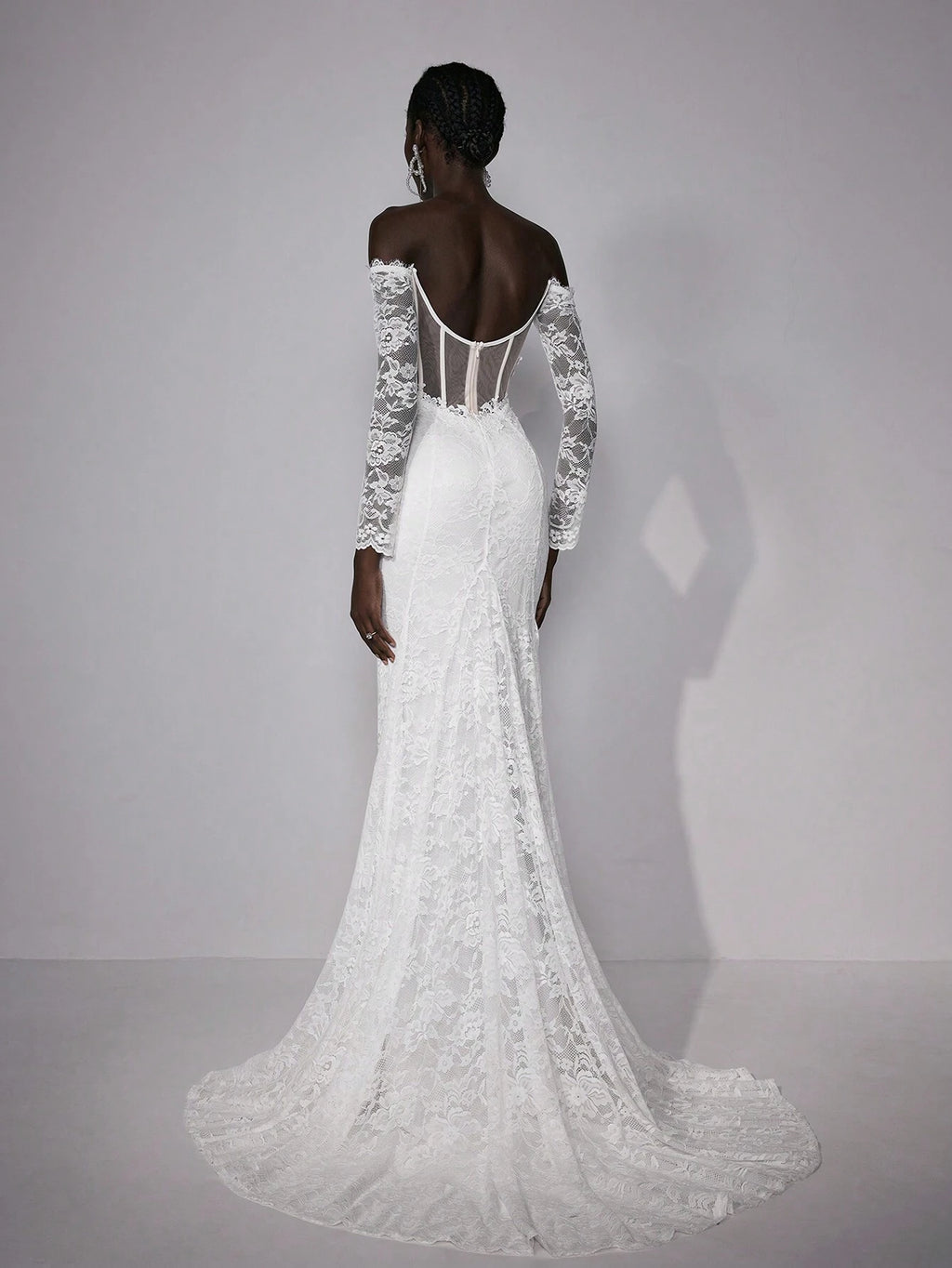 Elitara Petite Elegant White Summer Wedding Maxi Dress Silky Full Lace Off-Shoulder Long Sleeve Floral