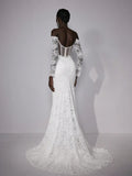 Elitara Petite Elegant White Summer Wedding Maxi Dress Silky Full Lace Off-Shoulder Long Sleeve Floral