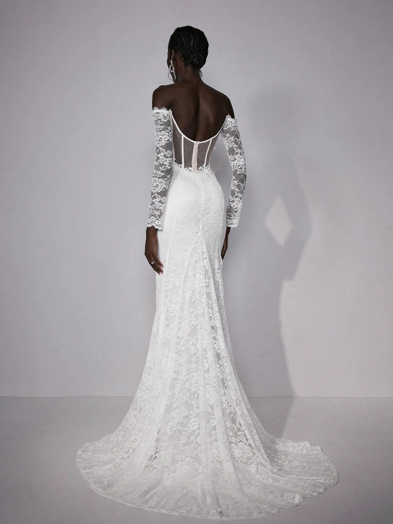 Elitara Petite Elegant White Summer Wedding Maxi Dress Silky Full Lace Off-Shoulder Long Sleeve Floral