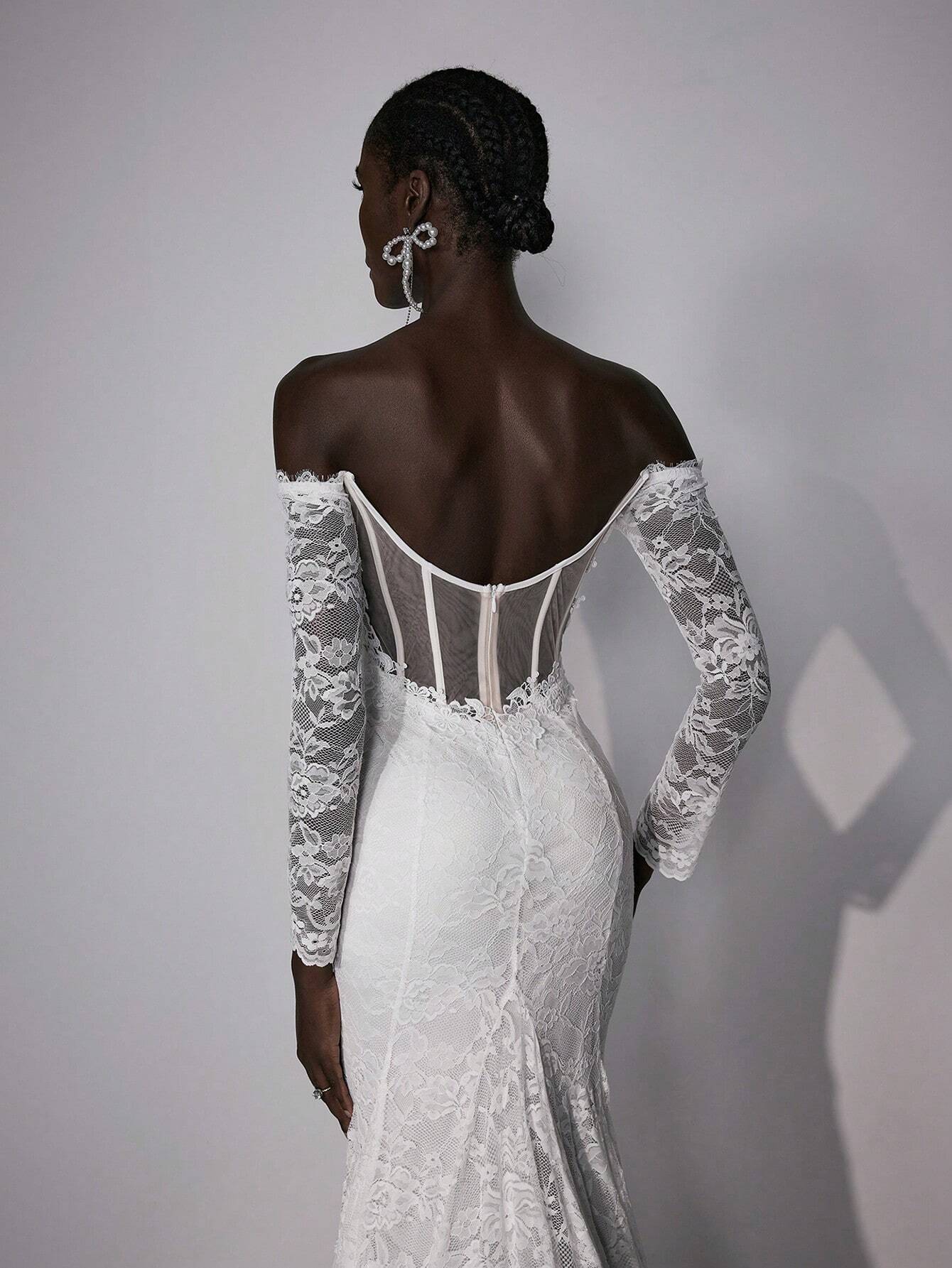 Elitara Petite Elegant White Summer Wedding Maxi Dress Silky Full Lace Off-Shoulder Long Sleeve Floral - image 7