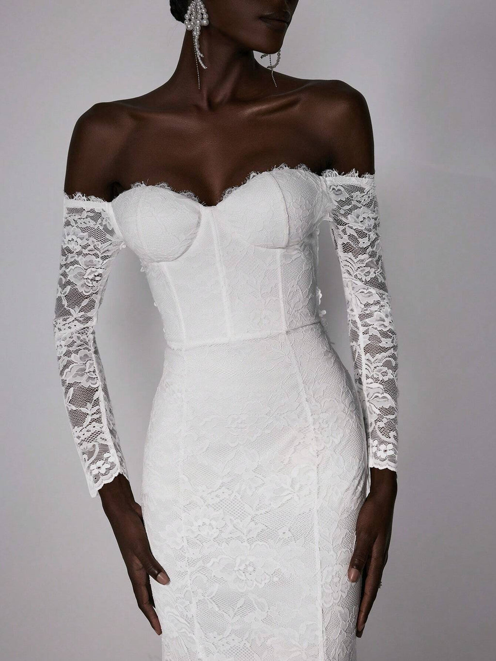 Elitara Petite Elegant White Summer Wedding Maxi Dress Silky Full Lace Off-Shoulder Long Sleeve Floral - image 5