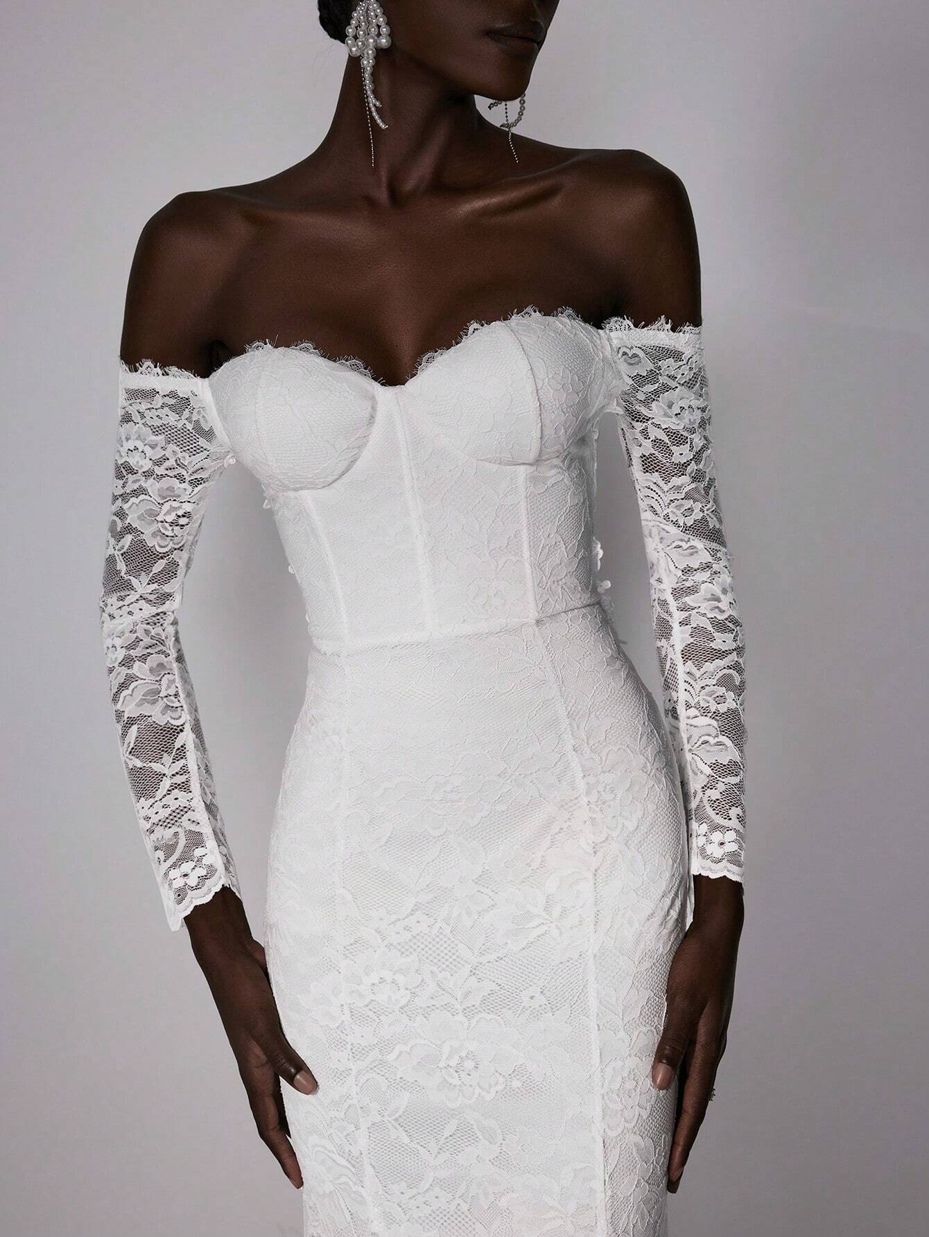 Elitara Petite Elegant White Summer Wedding Maxi Dress Silky Full Lace Off-Shoulder Long Sleeve Floral - image 5