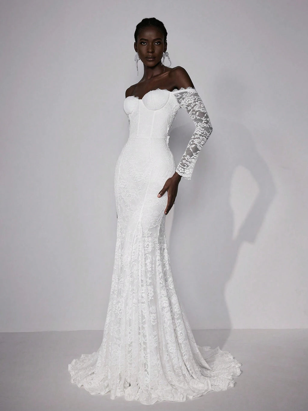 Elitara Petite Elegant White Summer Wedding Maxi Dress Silky Full Lace Off-Shoulder Long Sleeve Floral - image 4