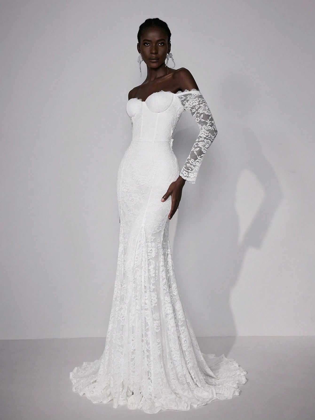 Elitara Petite Elegant White Summer Wedding Maxi Dress Silky Full Lace Off-Shoulder Long Sleeve Floral - image 4