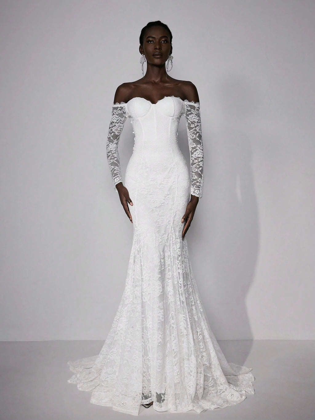 Elitara Petite Elegant White Summer Wedding Maxi Dress Silky Full Lace Off-Shoulder Long Sleeve Floral - image 2