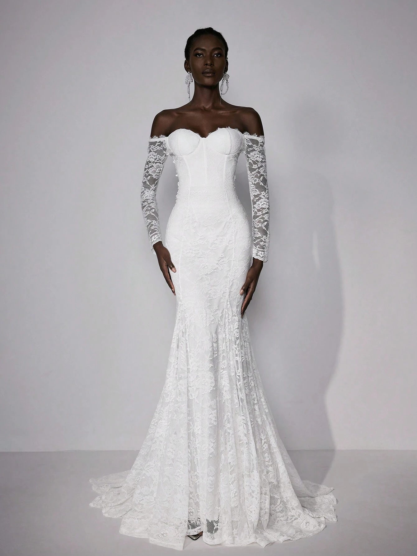 Elitara Petite Elegant White Summer Wedding Maxi Dress Silky Full Lace Off-Shoulder Long Sleeve Floral - image 2