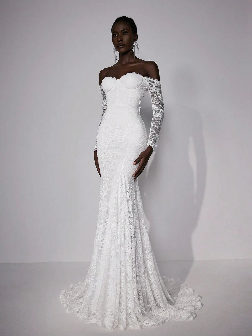 Elitara Petite Elegant White Summer Wedding Maxi Dress Silky Full Lace Off-Shoulder Long Sleeve Floral - image 6