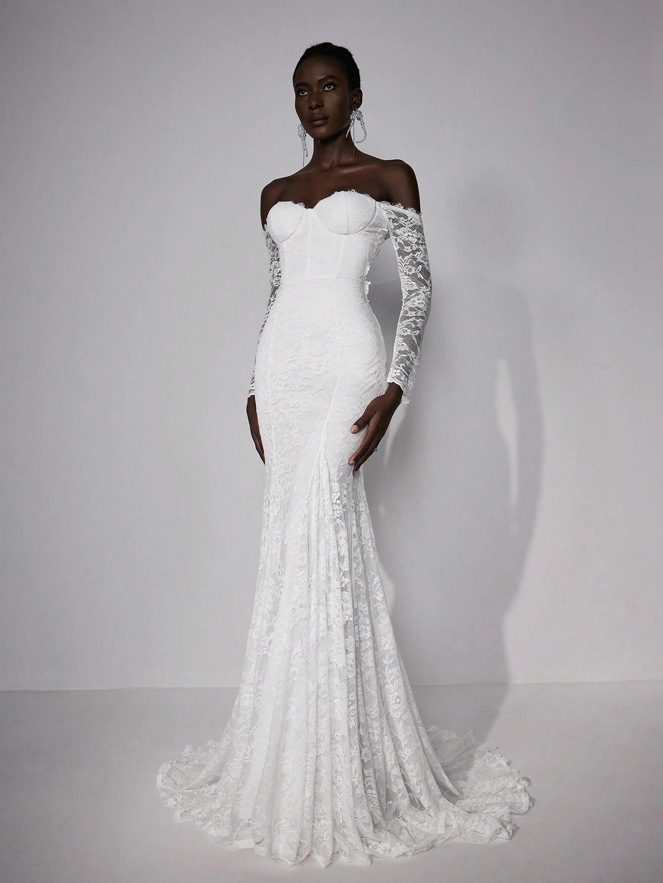 Elitara Petite Elegant White Summer Wedding Maxi Dress Silky Full Lace Off-Shoulder Long Sleeve Floral - image 6