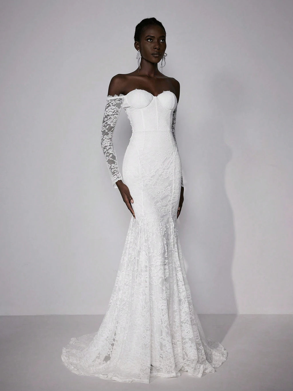 Elitara Petite Elegant White Summer Wedding Maxi Dress Silky Full Lace Off-Shoulder Long Sleeve Floral - image 3