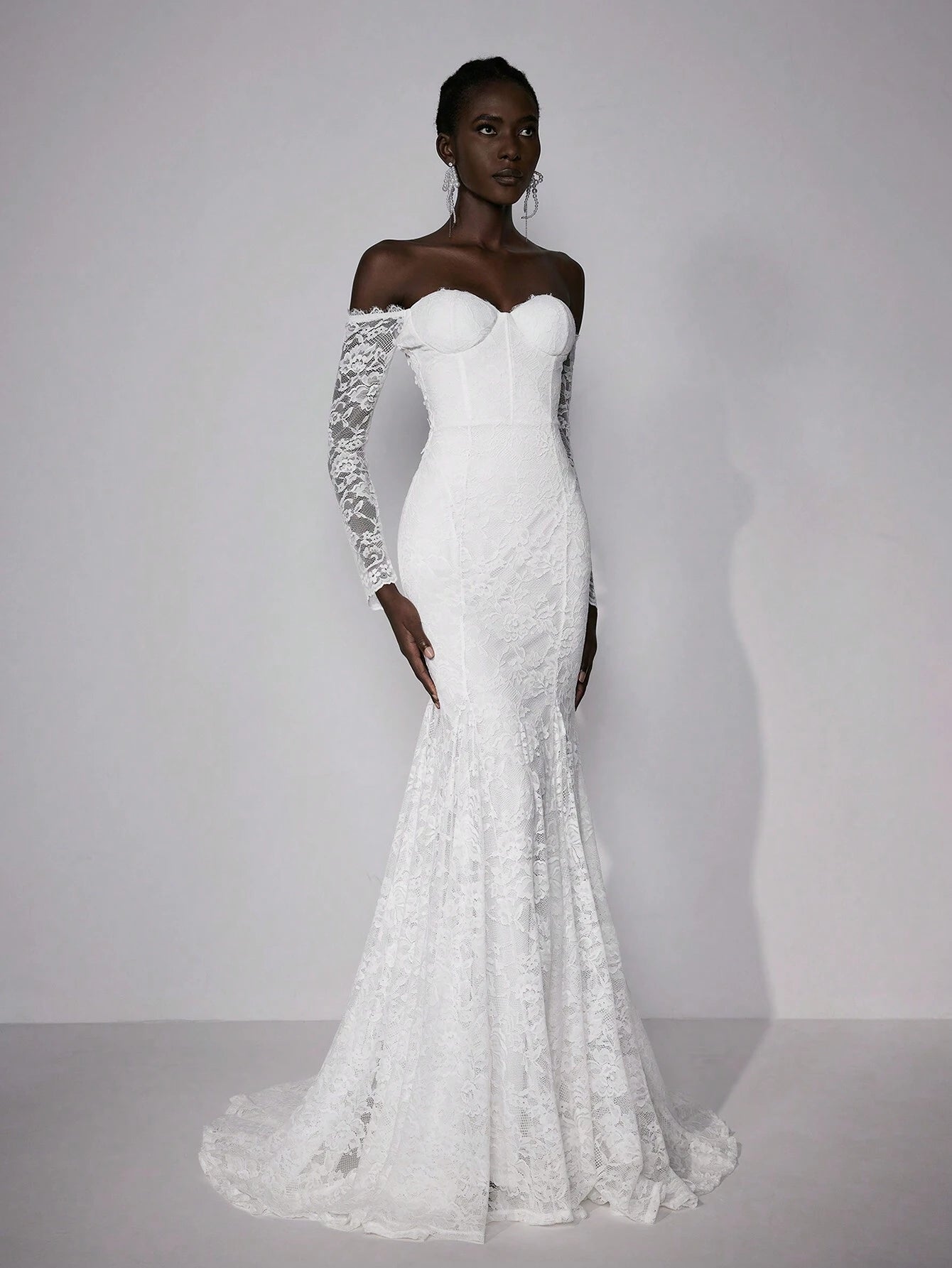 Elitara Petite Elegant White Summer Wedding Maxi Dress Silky Full Lace Off-Shoulder Long Sleeve Floral - image 3
